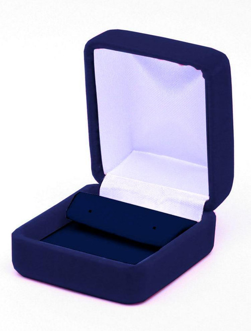 Dark Blue velvet exterior small drop earring box with matching color interior and white satin top puff.
