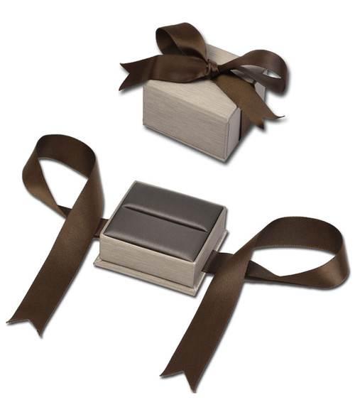 Champagne textured paper ring jewelry gift box with gunmetal leatherette with olive brown ribbon