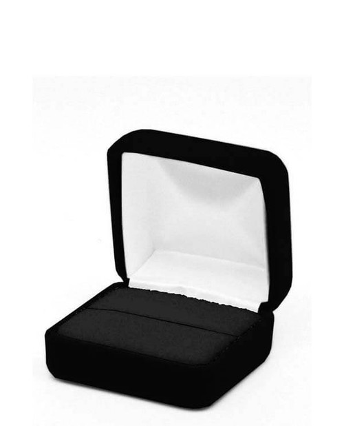 Black velvet exterior single or double ring box with matching color interior and white satin top puff.