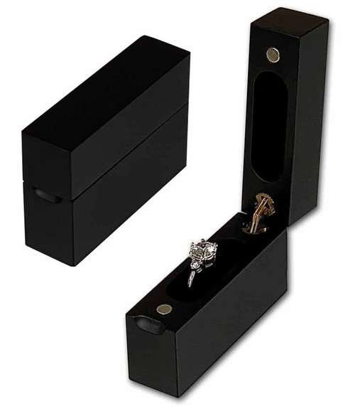 Slim matte black wood engagement ring proposal box.  Gold hinge with magnetic closure.