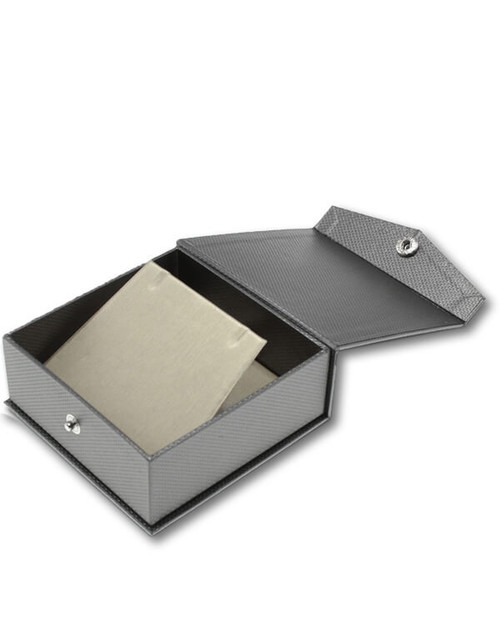 Dark grey textured medium earring or pendant jewelry gift box with light champagne interior and snap button closure