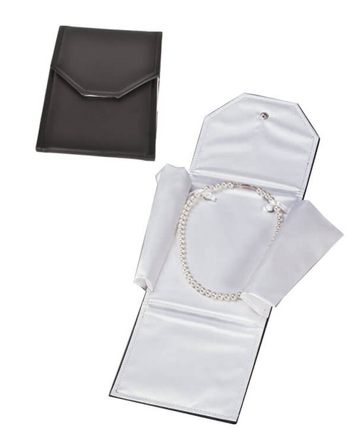 Black leatherette snap button pearl folder with white satin interior