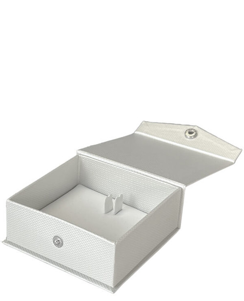 Off-white pearl medium hoop earring jewelry box with matching pearl interior and snap button closure.