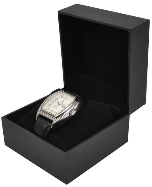 Textured black paper watch jewelry box with black suede interior