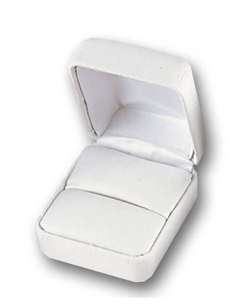 Metal single slot ring box with white leatherette exterior and interior with white satin puff.