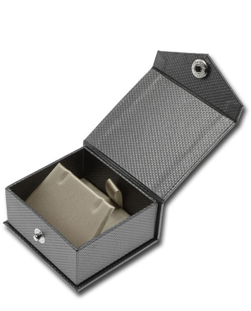 Dark grey textured small earring or pendant jewelry gift box with light champagne interior and snap button closure