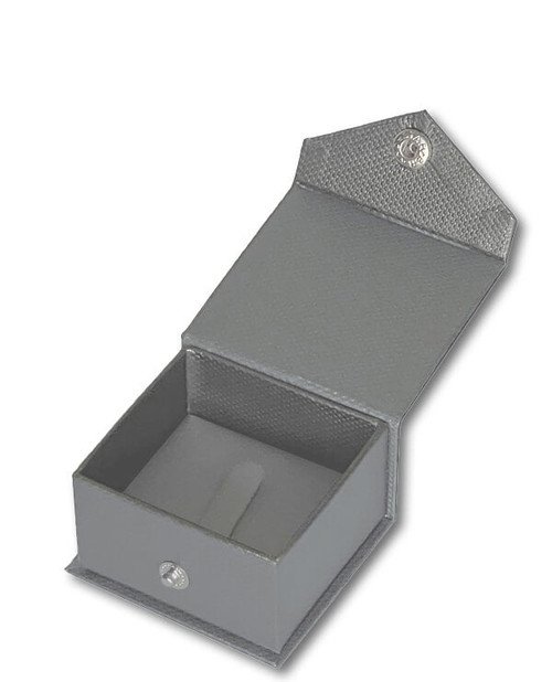 Dark grey textured hook ring jewelry gift box with dark gunmetal interior and snap button closure