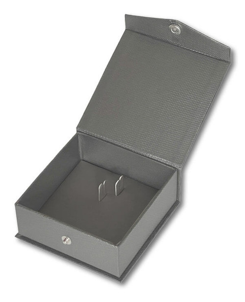 Dark grey textured medium hoop earring jewelry gift box with dark gunmetal interior and snap button closure