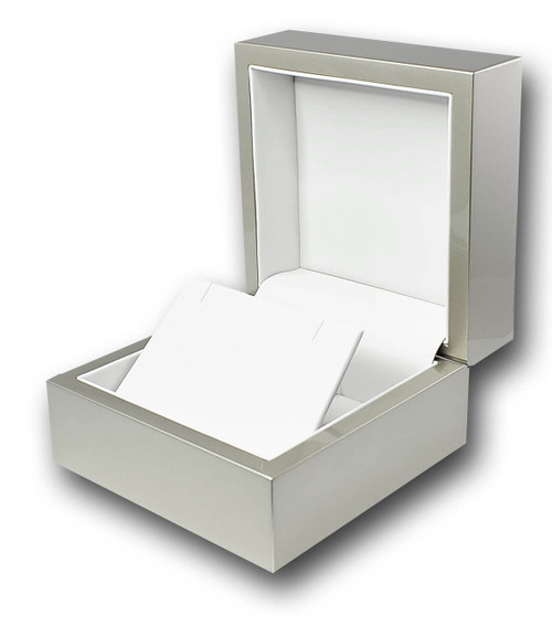 Glossy champagne wood medium earring or pendant box with cool off-white leatherette interior.