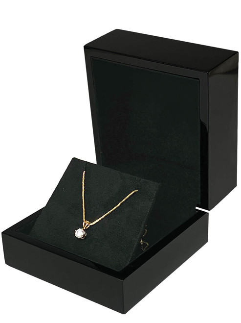 Glossy piano black wood medium earring or pendant jewelry display or presentation box with black suede interior