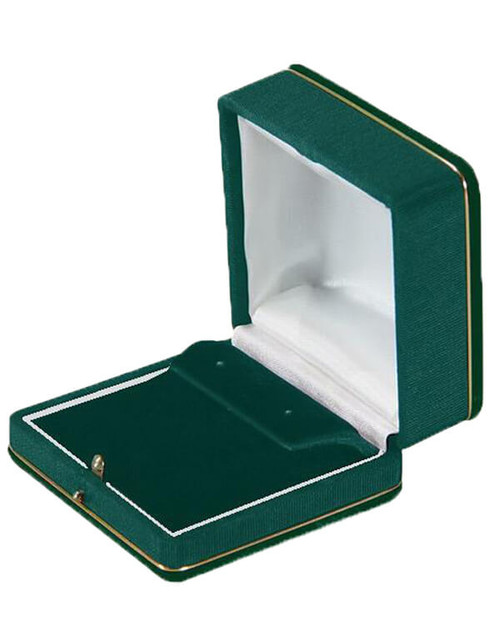 Green velvet medium flap earring jewelry box with matching bengaline, gold trim and gold push button.