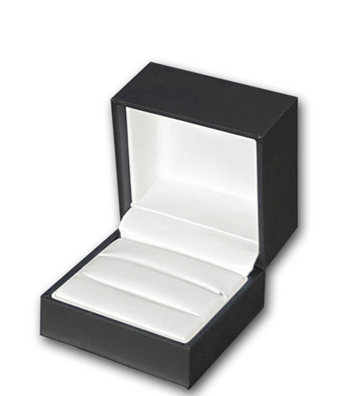 Designer matte black double slot ring jewelry box exterior with pearl off-white leatherette interior.