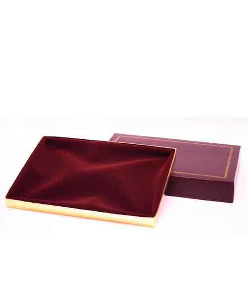 Medium pearl or utility or charm jewelry box with burgundy exterior with gold printed rim, gold foil bottom and velvet insert.
