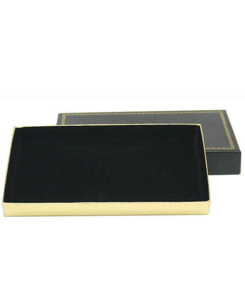 Large pearl or utility or charm jewelry box with black exterior with gold printed rim, gold foil bottom and velvet insert.