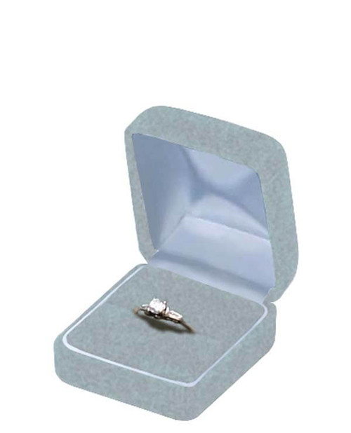 Soft grey suede single ring jewelry gift box with matching suede interior.