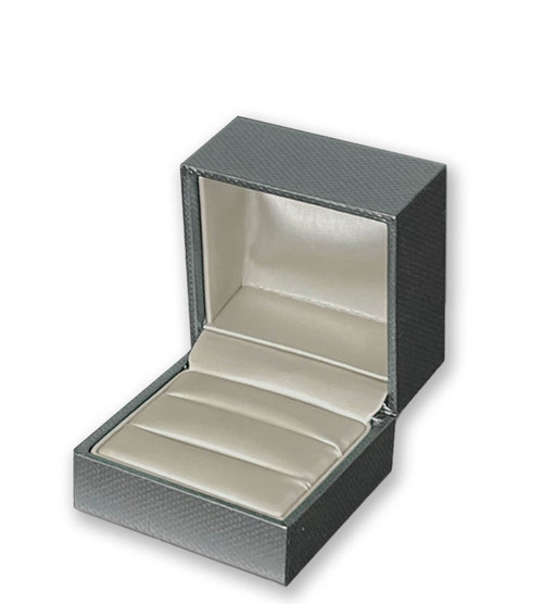 Dark grey textured double slot ring jewelry box with champagne colored interior