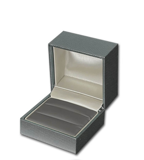 Dark grey textured double slot ring jewelry box with gunmetal colored interior
