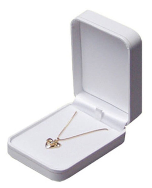 White Leatherette medium pendant jewelry gift box with white satin inner top puff and gold tooling.