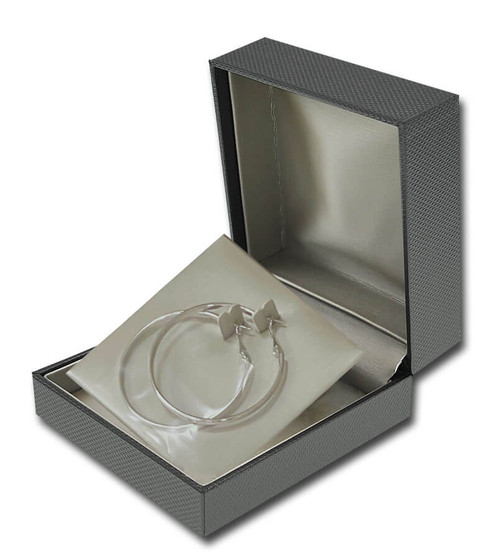 Dark grey textured hoop earring jewelry box with champagne interior