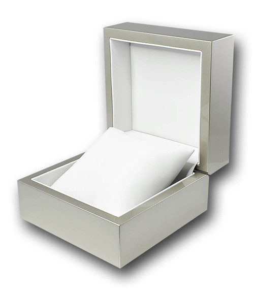 Glossy champagne wood medium watch or bangle pillow box with cool off-white leatherette interior.