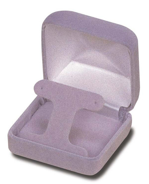 Grey velvet exterior T earring box with matching color interior and white satin top puff.