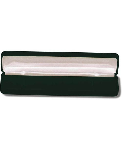 Dark green velvet exterior long bracelet box with matching color interior and white satin top puff.