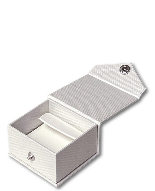 Off-white pearl single flap earring jewelry box with light matching off-white interior and snap button closure.