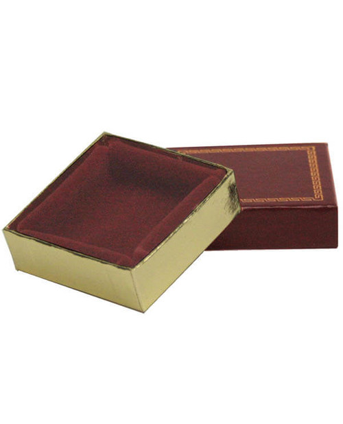 Small square utility or charm jewelry box with burgundy exterior with gold printed rim, gold foil bottom and velvet insert.