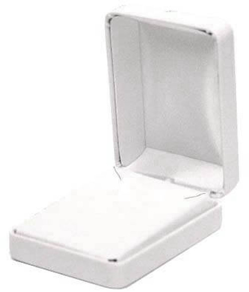 Metal medium pendant jewelry box with white leatherette exterior and interior with white satin puff.