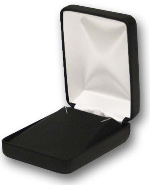 Metal medium pendant jewelry box with black leatherette exterior and interior with white satin puff.