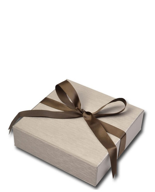 Champagne textured paper empty box with olive brown ribbon. To be used as protective packer for large pouch.