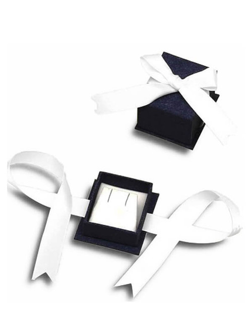 Sparkly blue textured small earring or pendant jewelry box with white flock interior and white satin ribbon.