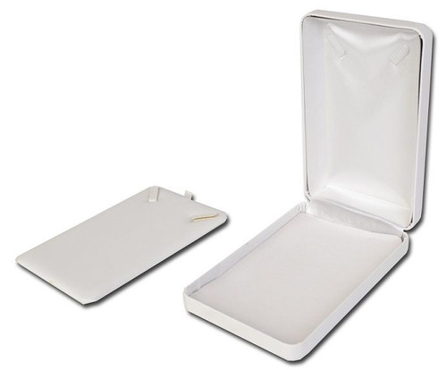 Metal large necklace jewelry box with white leatherette exterior and interior with white satin puff.