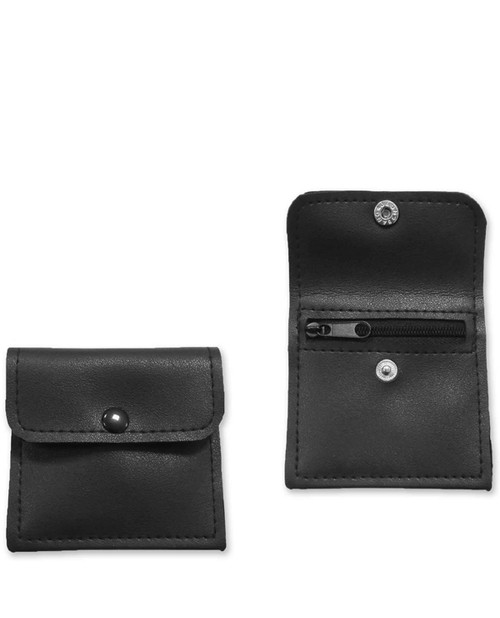 Small black leatherette pouch with silver zipper, black snap button closure and interior divider