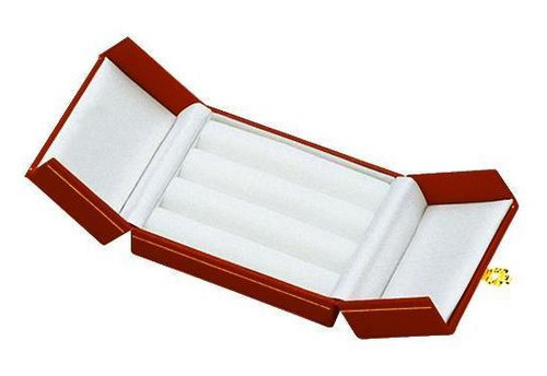 Deluxe Leatherette 3 Slot ring Red leatherette exterior with gold tooling and gold latch jewelry gift box