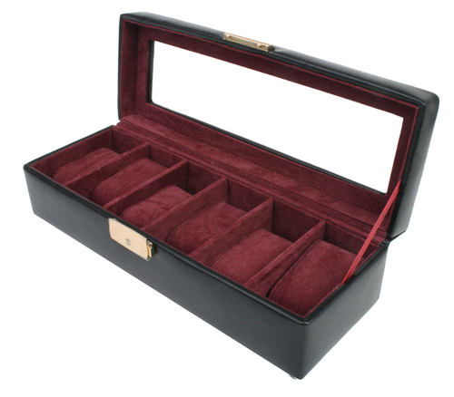 Black and red Multi-watch jewelry box with glass top and lock