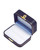Blue leatherette exterior double slot ring box with white flock interior and gold tooling and latch.