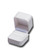 White leatherette exterior single slot ring box with white flock interior and gold tooling.