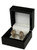 Glossy piano black wood flap earring jewelry display or presentation box with light pearl off-white interior