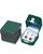 Green leatherette exterior small earring or pendant box with white flock interior and gold tooling and latch. Showing matching green 2 piece packer.