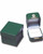 Green leatherette exterior single slot ring box with white flock interior and gold tooling and latch. Showing matching green 2 piece packer.