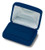 Blue velvet exterior double slot ring box with matching color interior and white satin top puff.