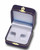 Blue leatherette exterior T earring box with white flock interior and gold tooling and latch.