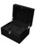 Glossy piano black wood large pillow watch box jewelry display or presentation box with black suede interior and silver clap and hinges.