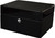 Front facing image of glossy piano black wood jewelry gift or presentation box with round silver clasp