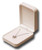 Ivory Leatherette medium pendant jewelry gift box with white satin inner top puff and gold tooling.