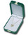 Green leatherette exterior medium pendant box with white flock interior and gold tooling and latch.