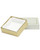 Small square utility or charm jewelry box with white exterior with gold printed rim, gold foil bottom and velvet insert.
