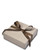 Champagne textured paper empty box with olive brown ribbon. To be used as protective packer for large pouch.