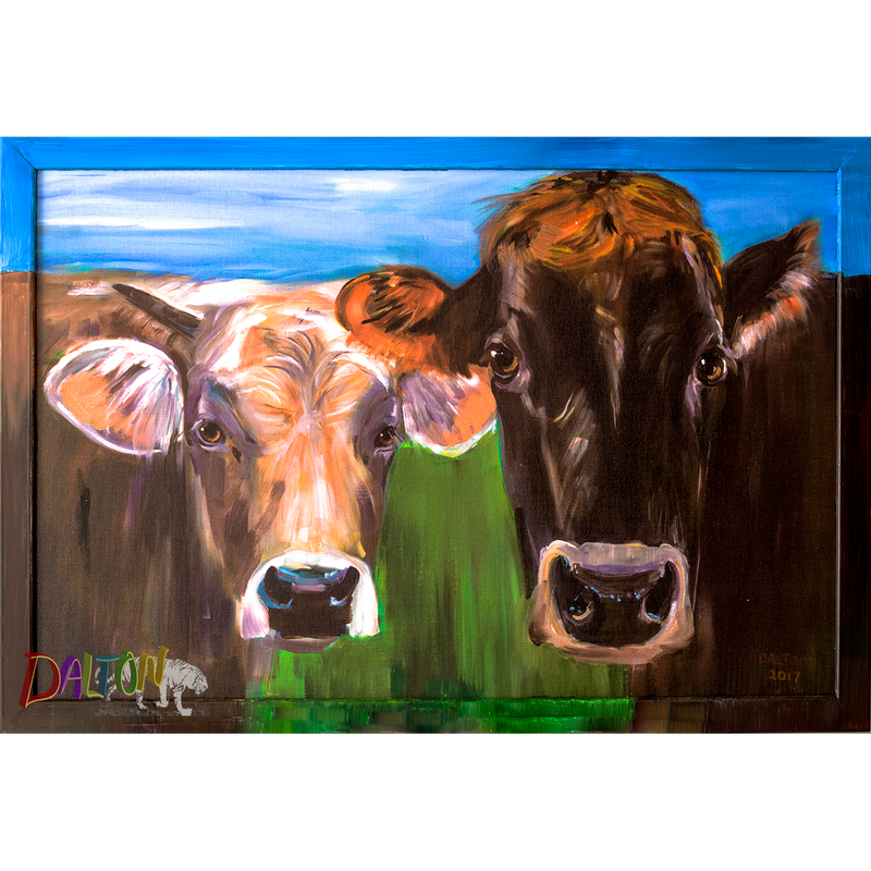 Cows - Framed: Hand-painted frame on canvas print 25" x 17" - $119.00